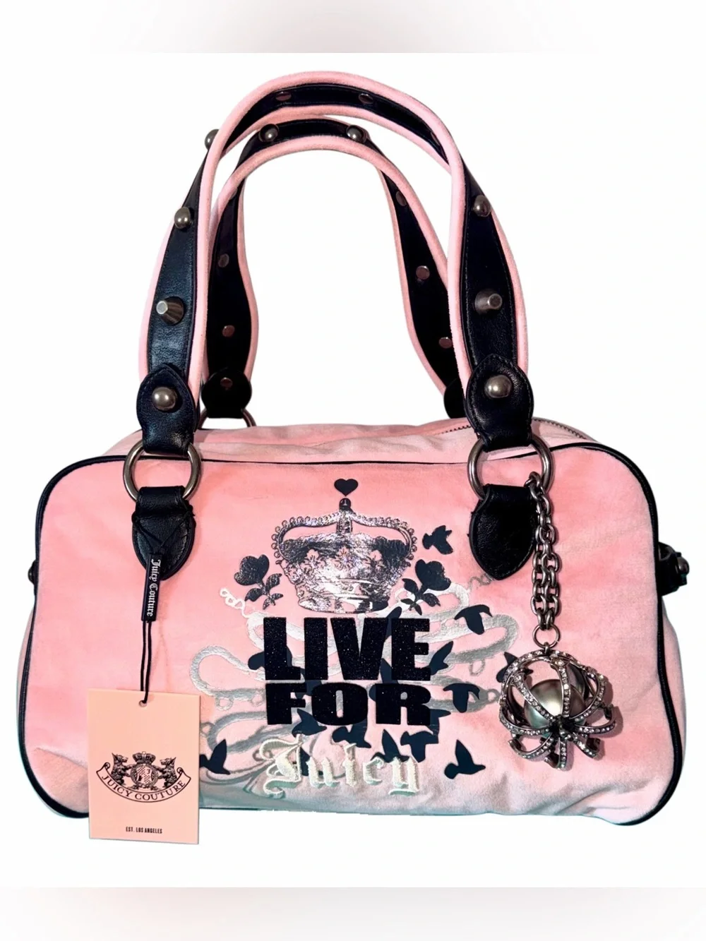 Juicy Couture Pink Velour Live for Juicy Crown Logo Satchel Bag